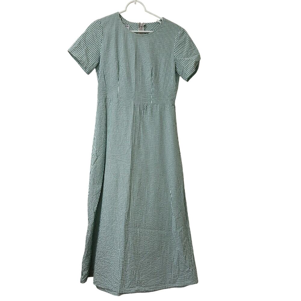 Dressed Up Threads Womens Small Green White Striped Seersucker Maxi Dress Modest